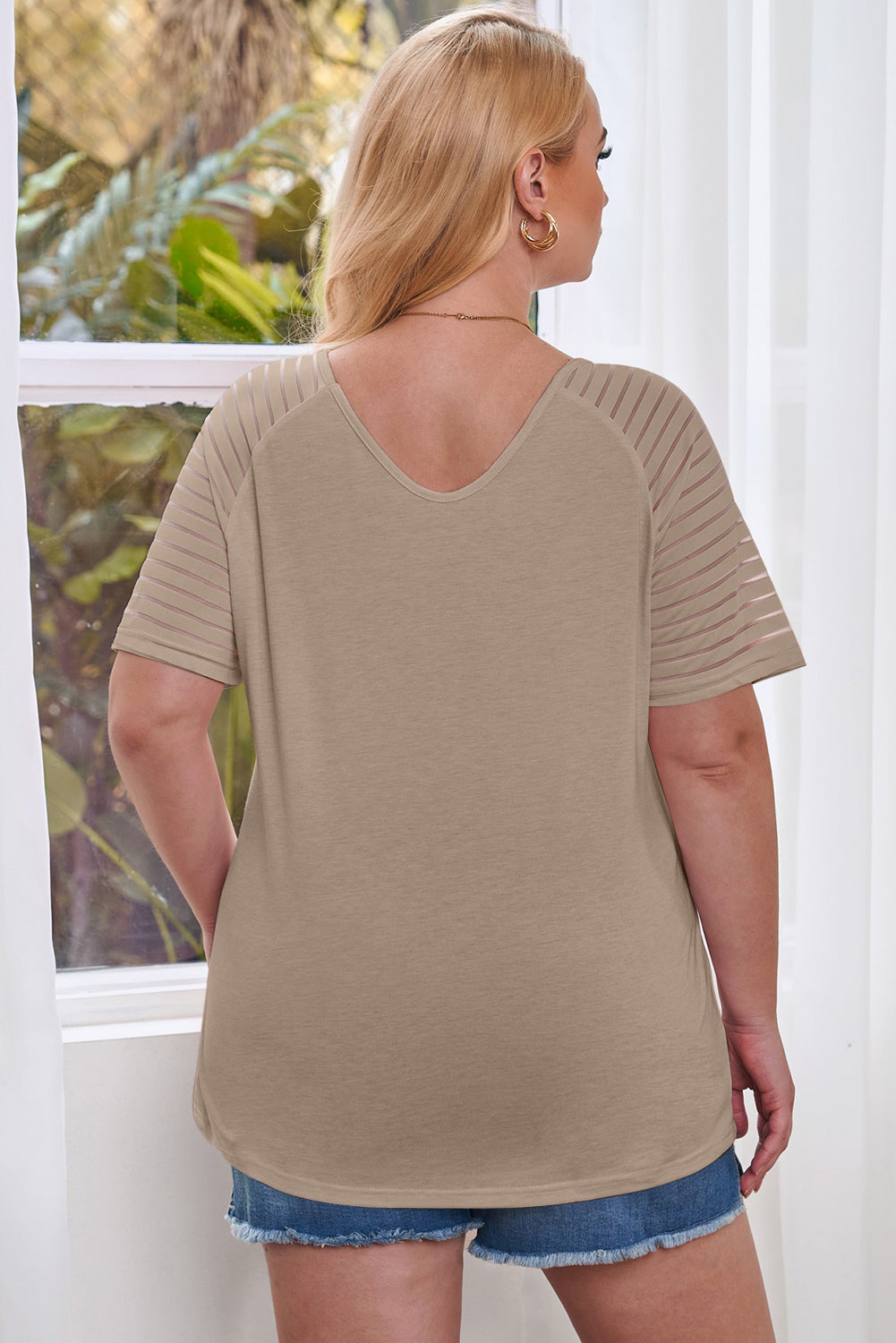 Plus Size Khaki Mesh Sleeve Short Sleeve Tee Women 1X–5X