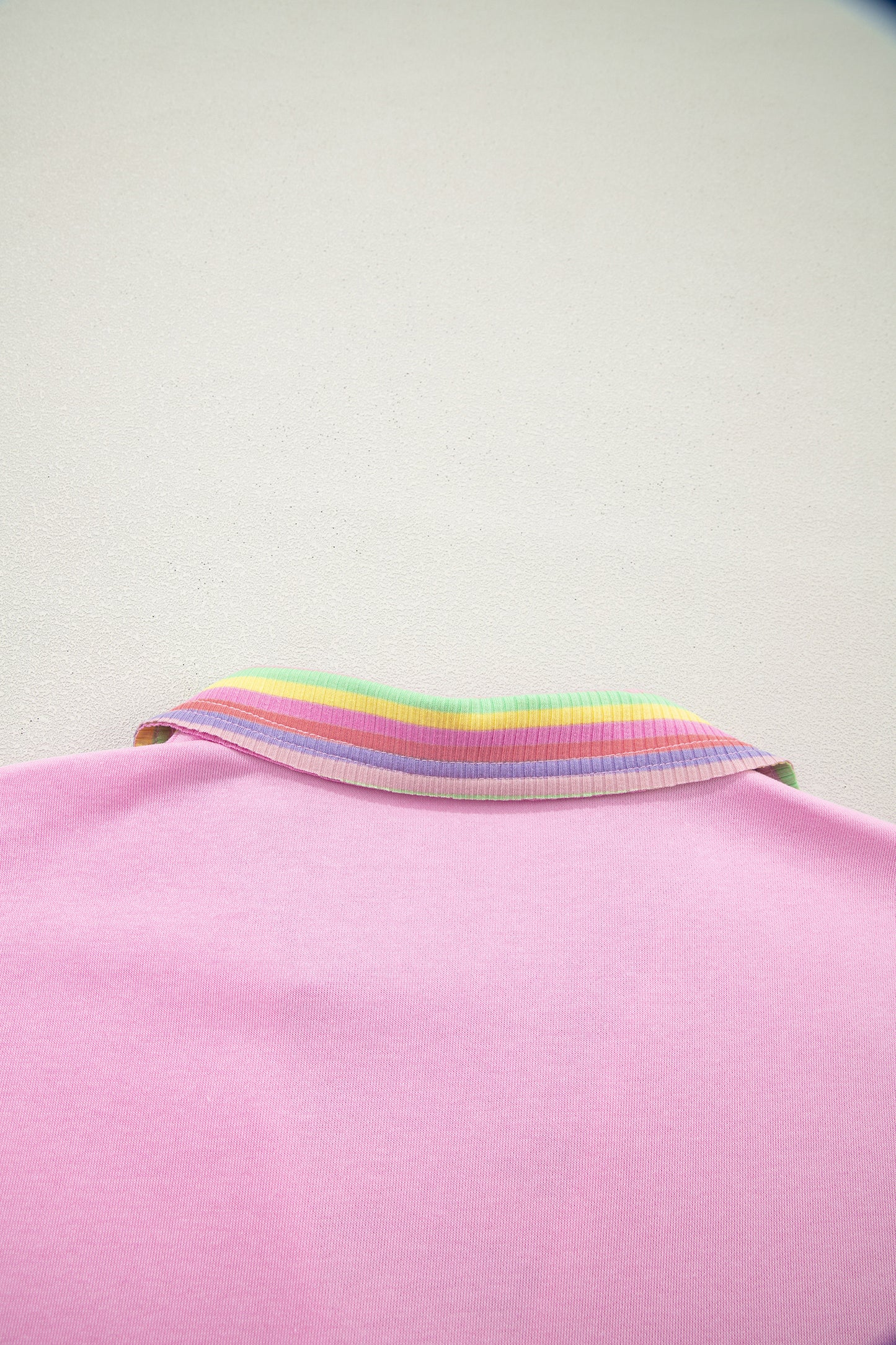 Pink Rainbow Stripe Ribbed Patchwork Raw Seam Oversized Polo Tee