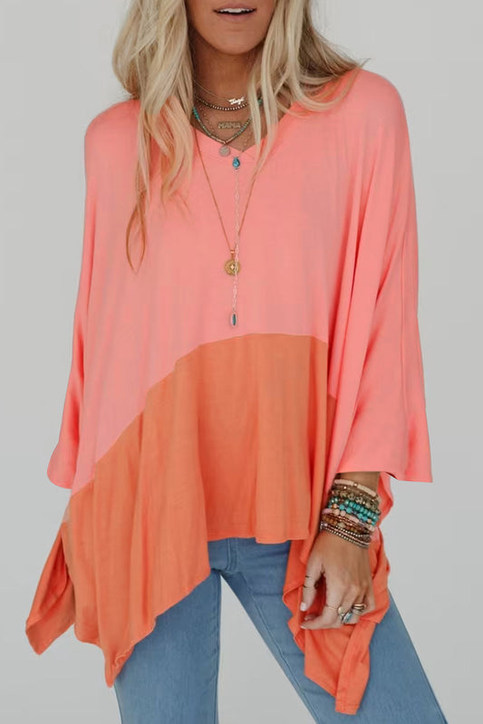 Contrast Color Patchwork Oversized Side Split Top – Orange & Peach Women S–XL