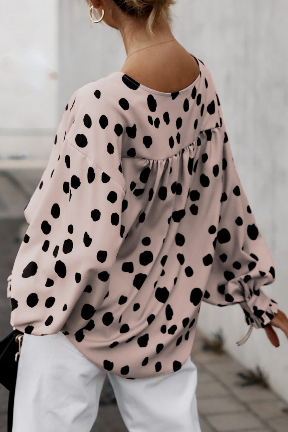 Blush Pink Polka Dot Puff Sleeve Frill Cuff Oversized Blouse