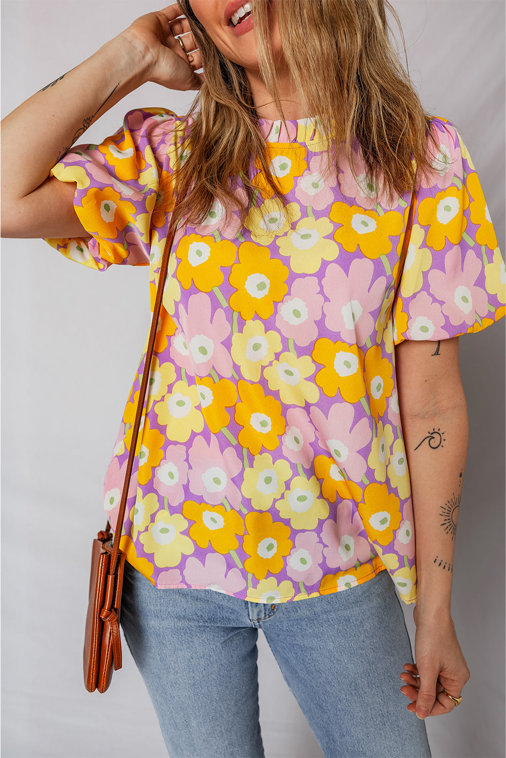 Floral Frilled Neck Puff Sleeve Blouse