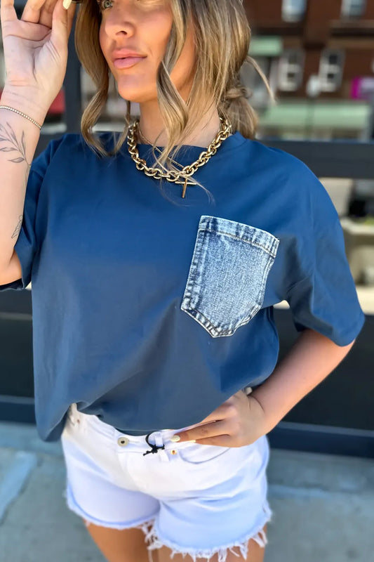 Color Block Short-Sleeve Top with Printed Patch Pocket | Sail Blue & White