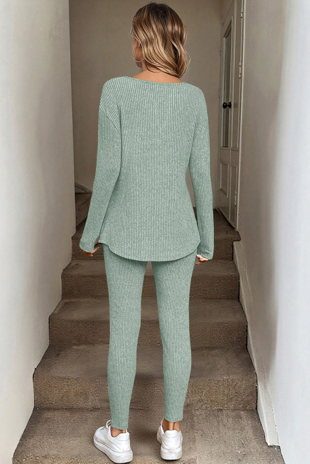 Ribbed Notched Neck Long Sleeve Top & Leggings Lounge Set