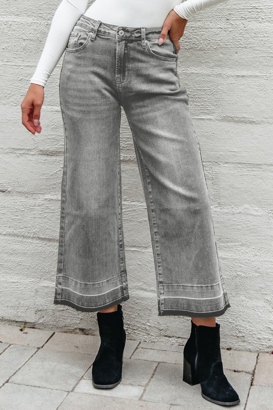 Gray Raw Hem Straight Leg High Waist Cropped Jeans