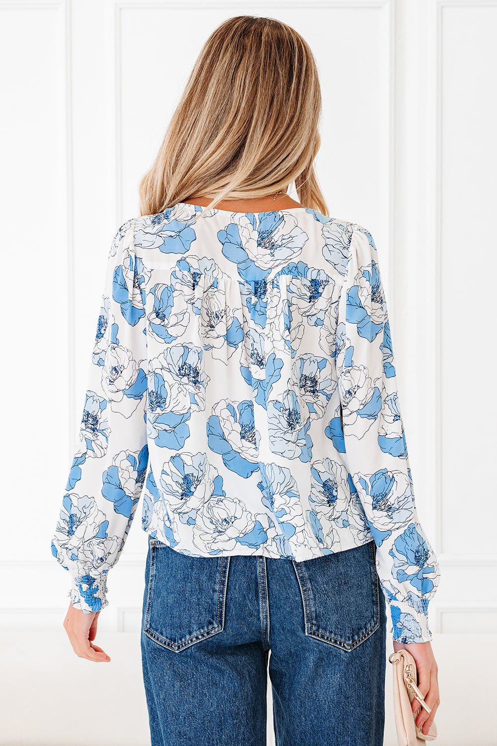 Sky Blue Floral Smocked Square Neck Blouse Women S–XL