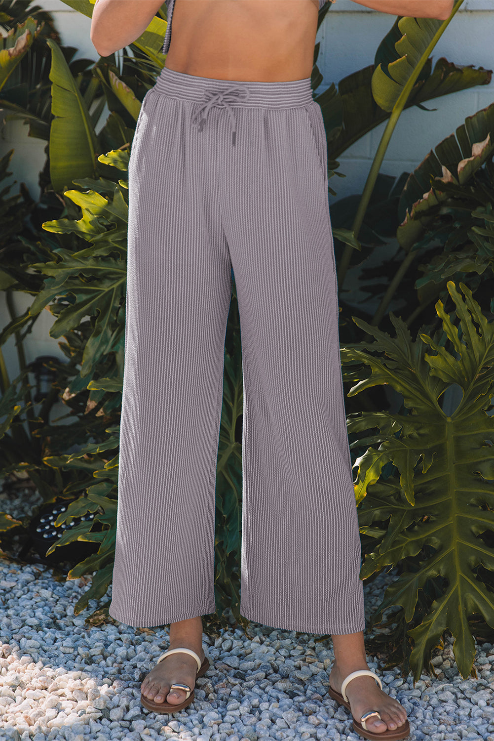 Corded Knit Short-Sleeve Tee & Wide-Leg Pants Set | Taupe