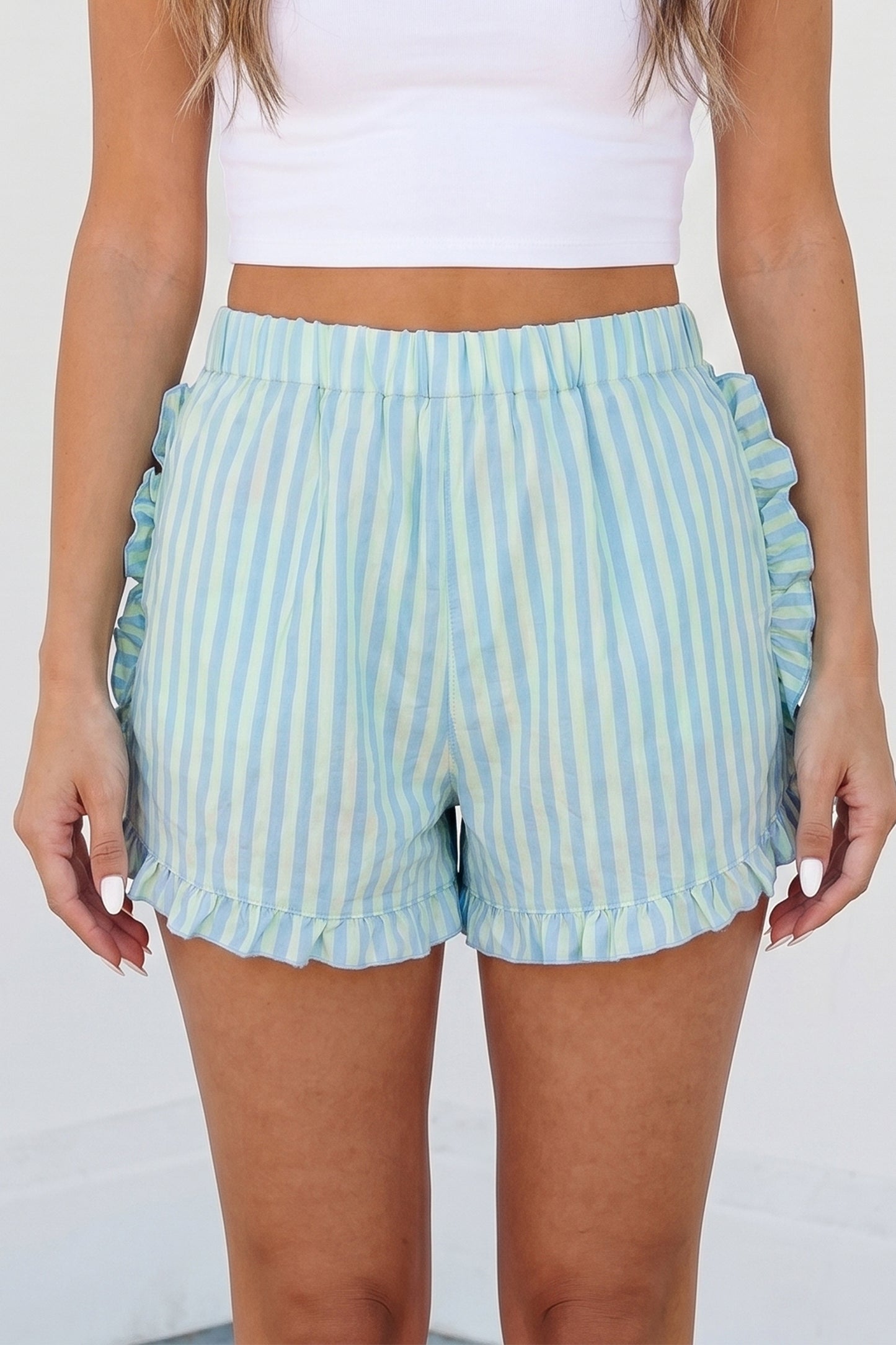 Striped Ruffle Trim Shorts Women S–XL
