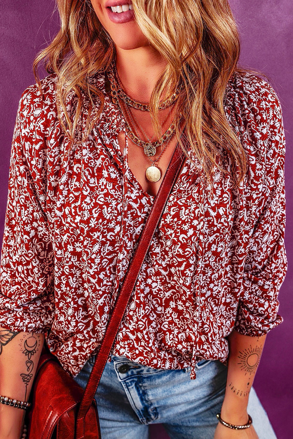 Floral Print Smocked Tie-Neck Blouse – Red Women S–XL
