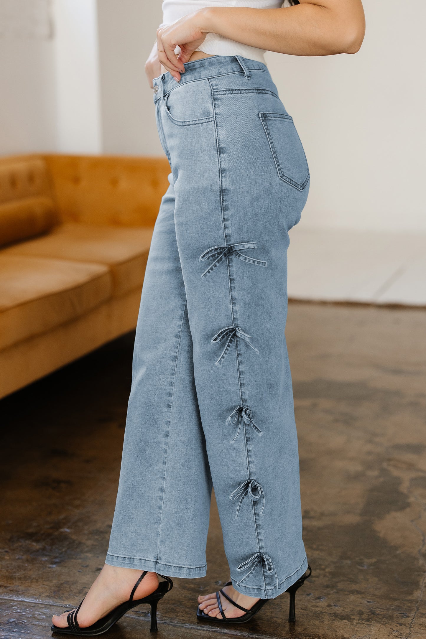 Light Blue Bow Knot Side Detail High Waist Straight Leg Jeans