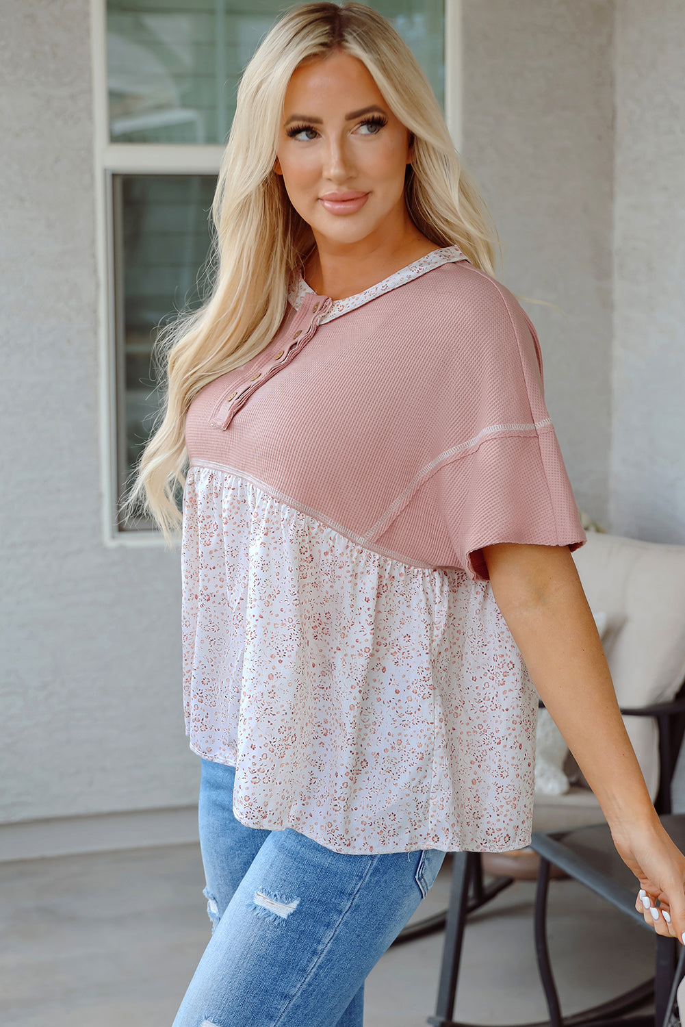 Pink Waffle Knit Floral Crinkle Patchwork Exposed Seam Short Sleeve Top – Women's Edgy Casual Tee (S–XL)