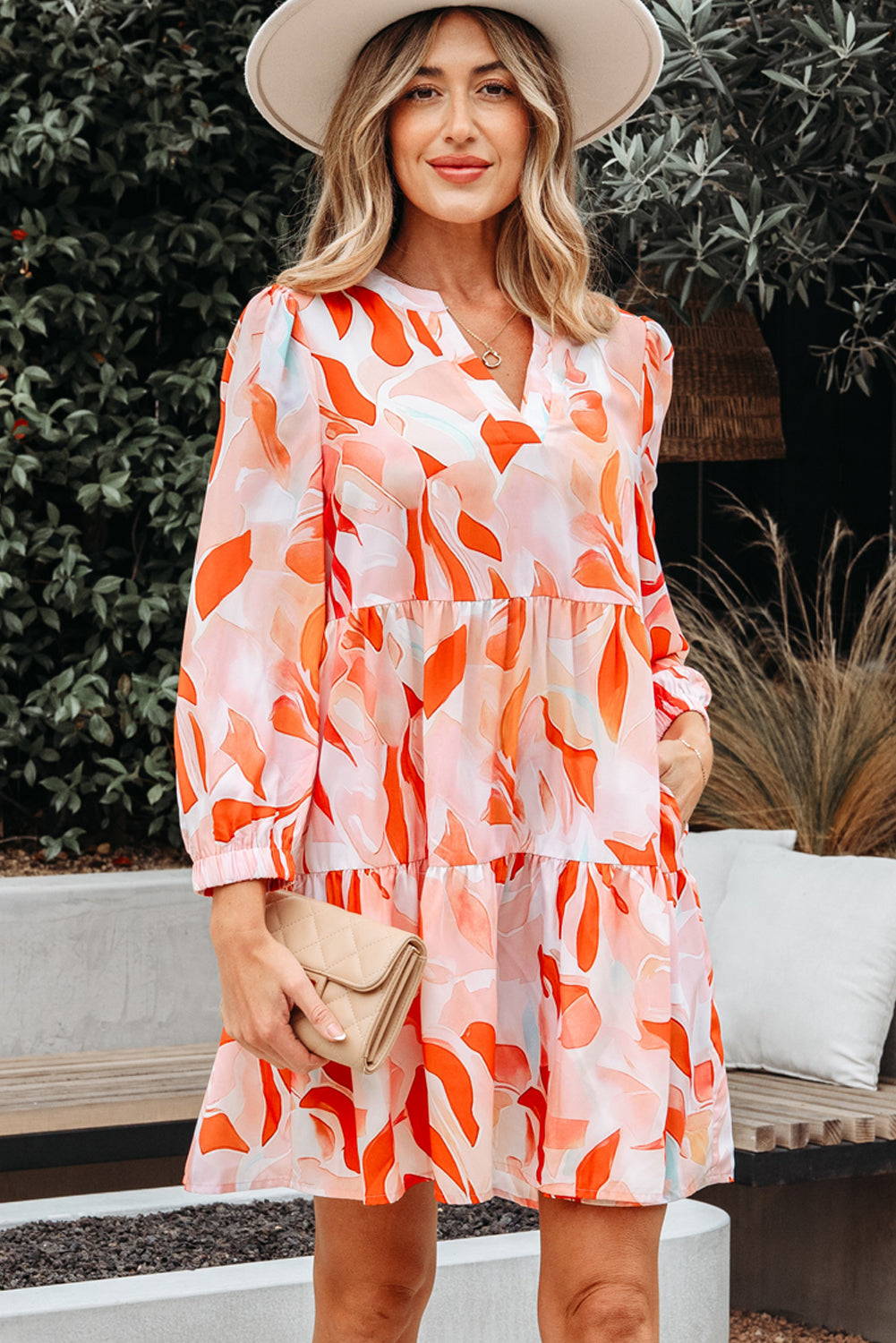 Orange Abstract Print Long Sleeve Midi Dress Women S–XL