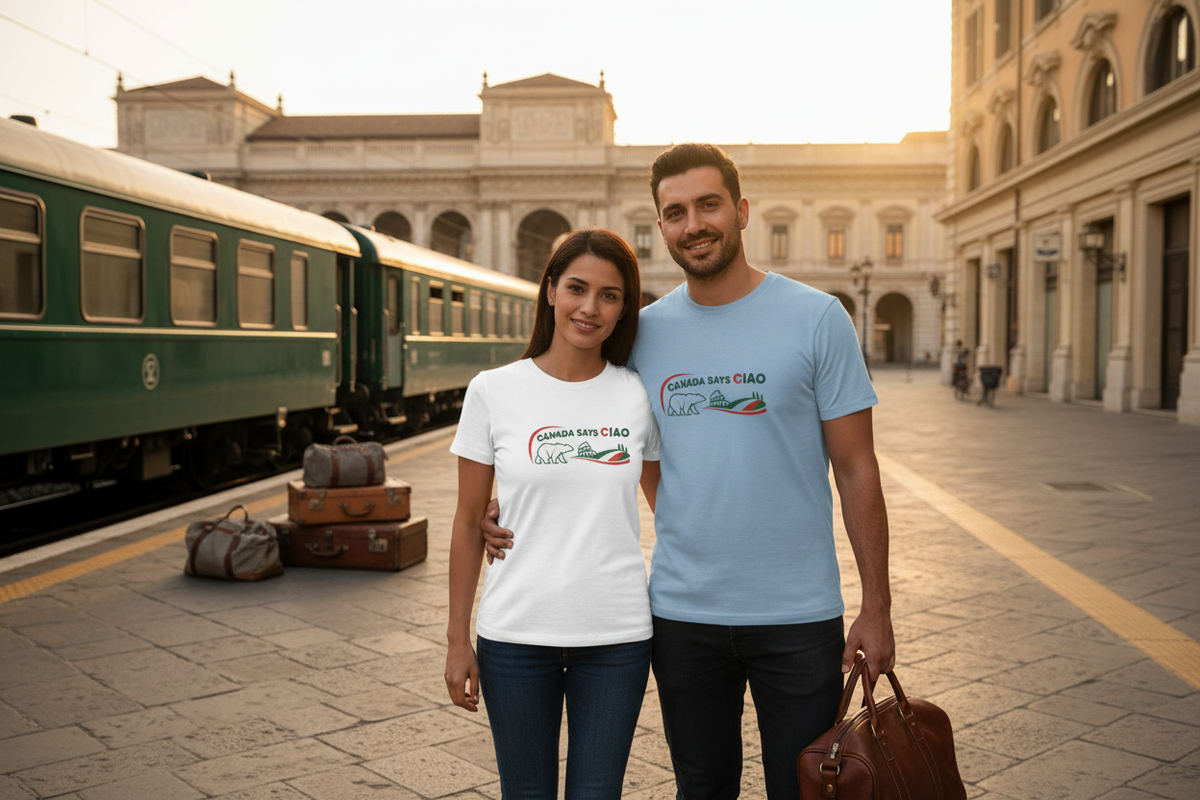 Canada Says Ciao couple meeting at an Italian train station