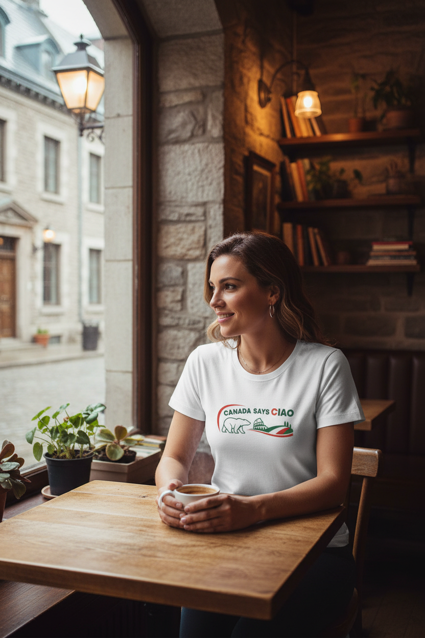 Canada Says Ciao shirt at an Old Montréal café