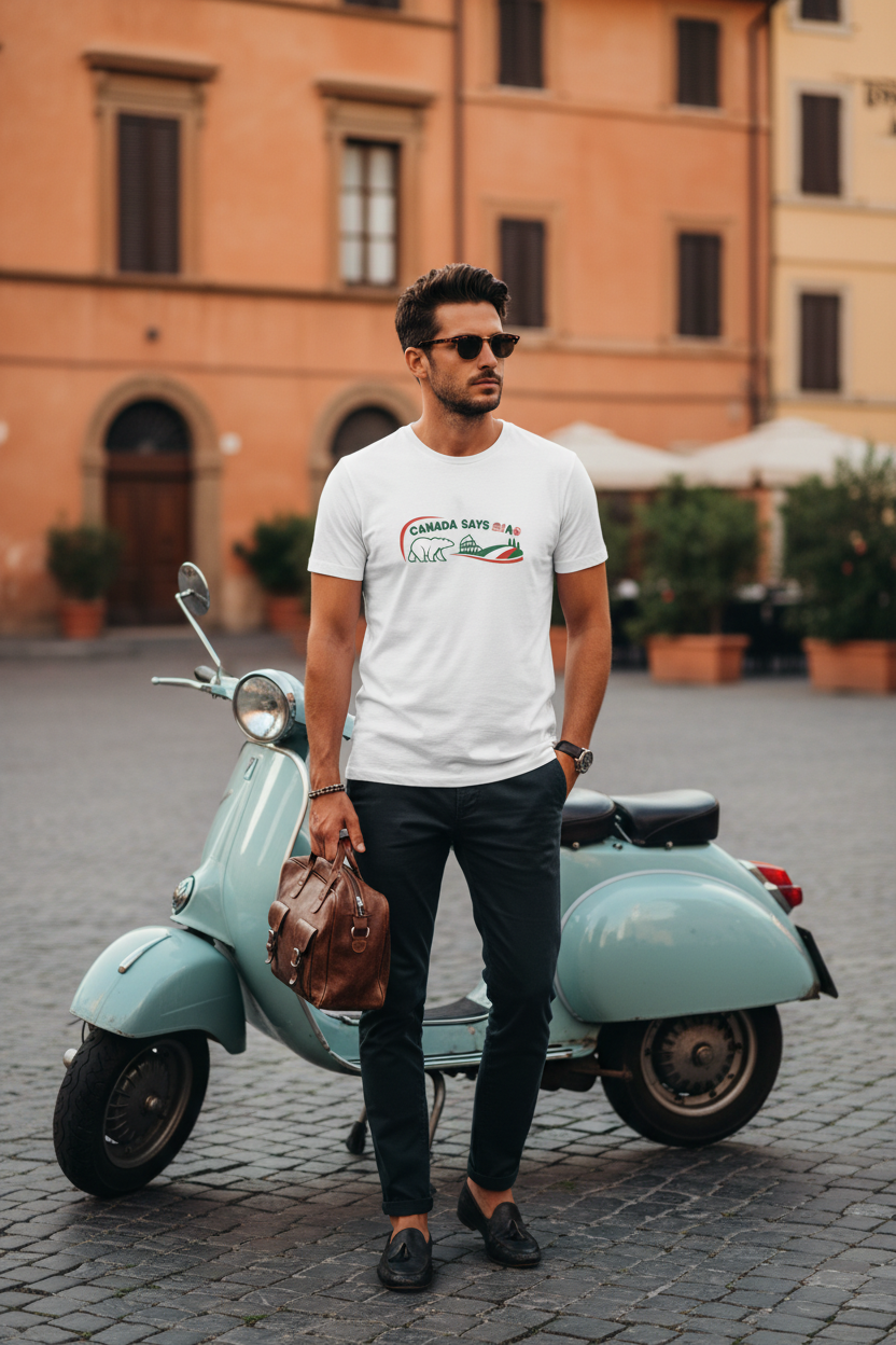 Canada Says Ciao shirt beside a Vespa in Italy
