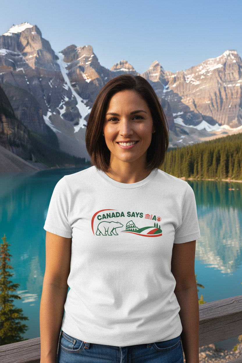 Canada Says Ciao shirt near the Canadian Rockies