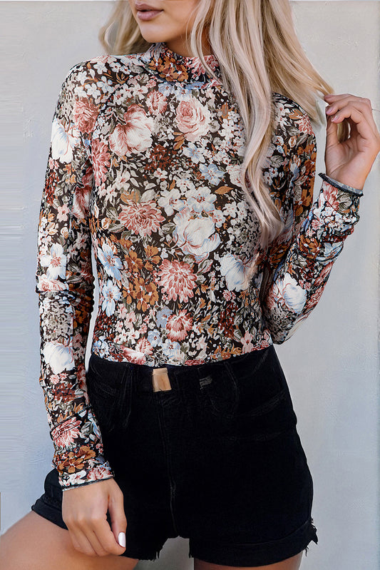 Brown Floral Mesh High Neck Long Sleeve Sheath Blouse | S–XL