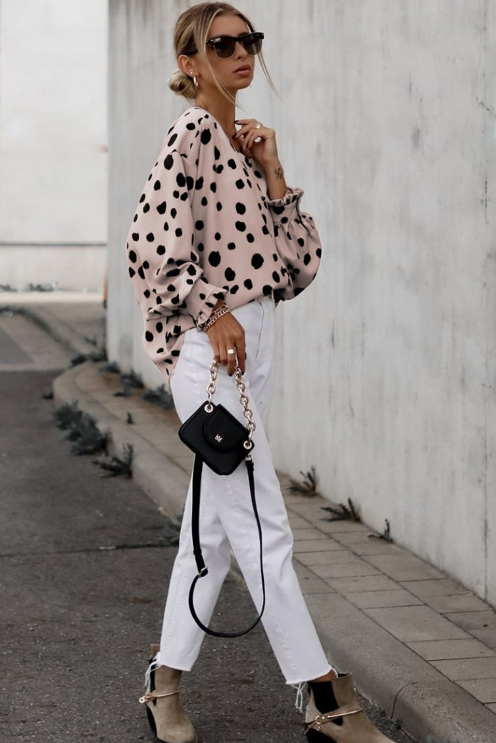Blush Pink Polka Dot Puff Sleeve Frill Cuff Oversized Blouse