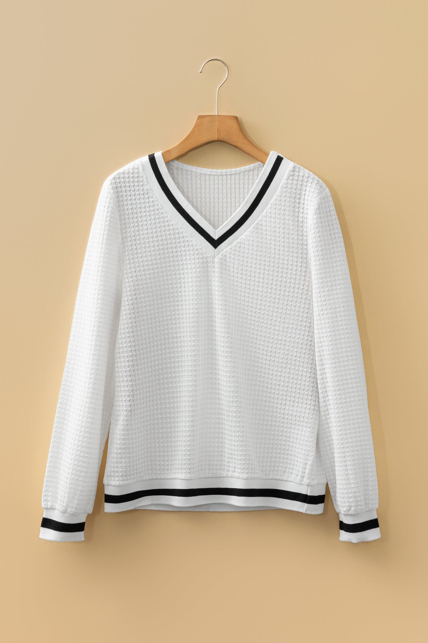 White Waffle Knit Preppy Striped Trim V-Neck Pullover Top