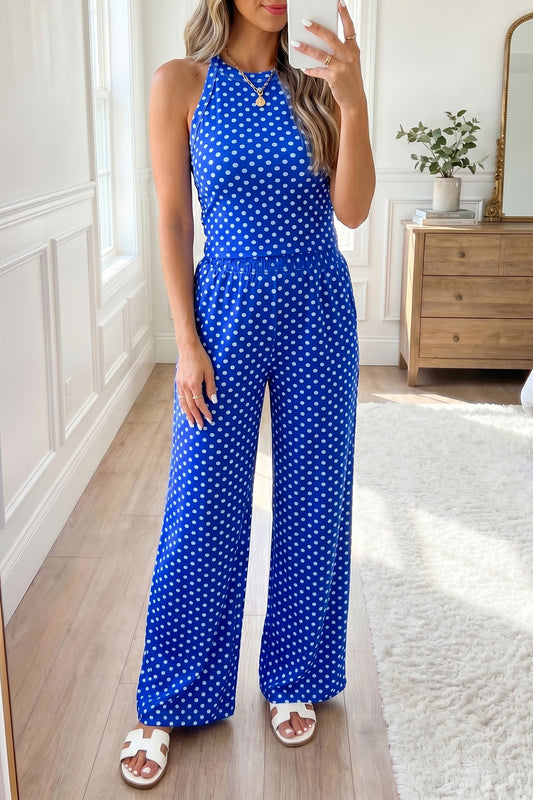 Womens Blue Polka Dot Halter Tank and Wide Leg Pants Set S to XL