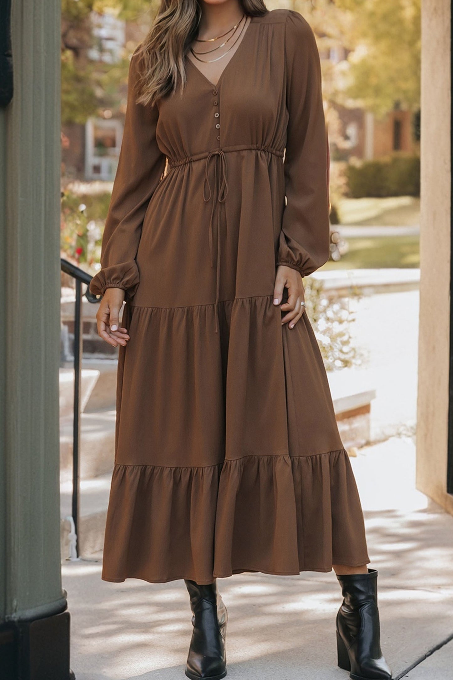 Solid Long Sleeve Button V-Neck Tiered Drawstring Waist Maxi Dress