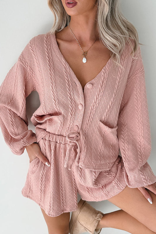 Pink Cable Knit V-Neck Cardigan and Shorts Set