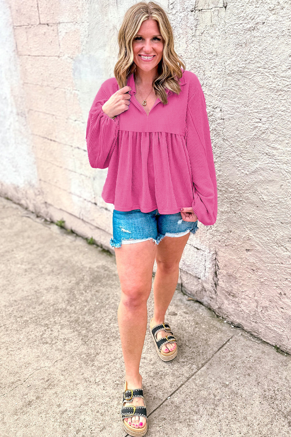 Corded Bubble Sleeve V-Neck Babydoll Blouse – Bright Pink & Tan Women S–2XL