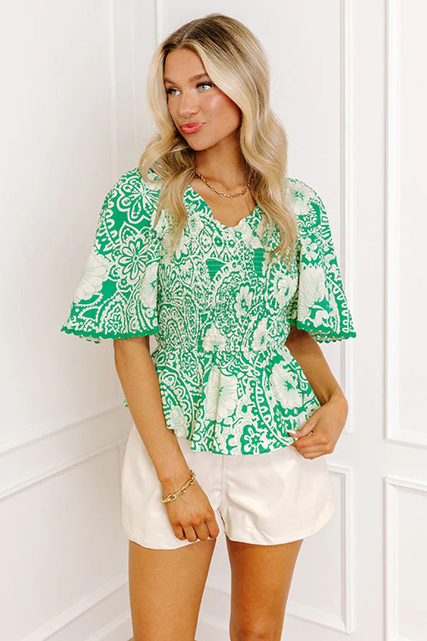 Abstract Print Ruffle V-Neck Blouse with Scalloped Hem | Green
