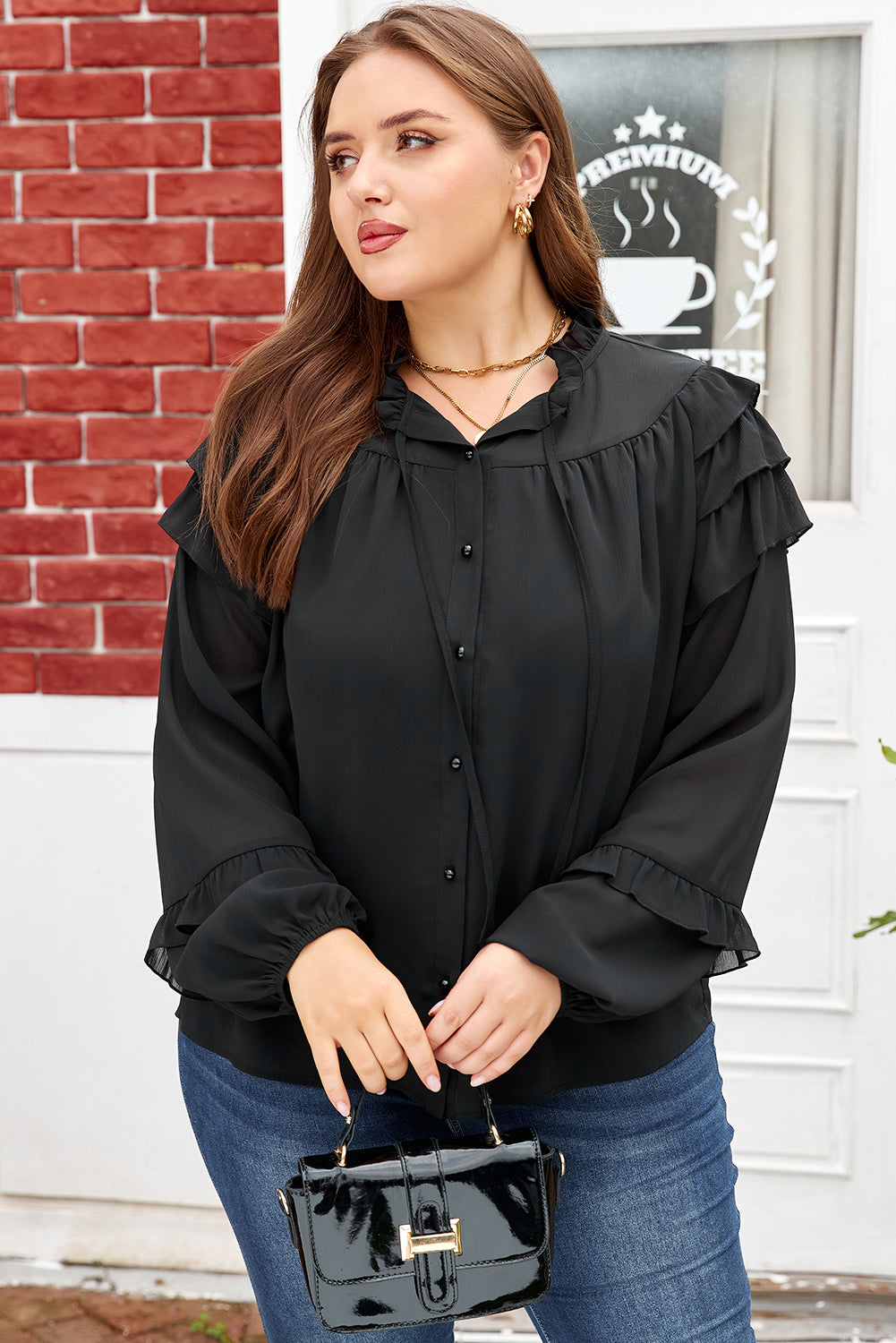 Plus Size Black Chiffon Balloon Sleeve Blouse Women 1X–4X