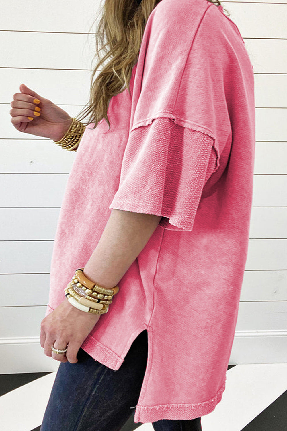 Mineral Wash Patchwork Drop Sleeve Tee | Plus Size | Strawberry Pink | 1X–3X