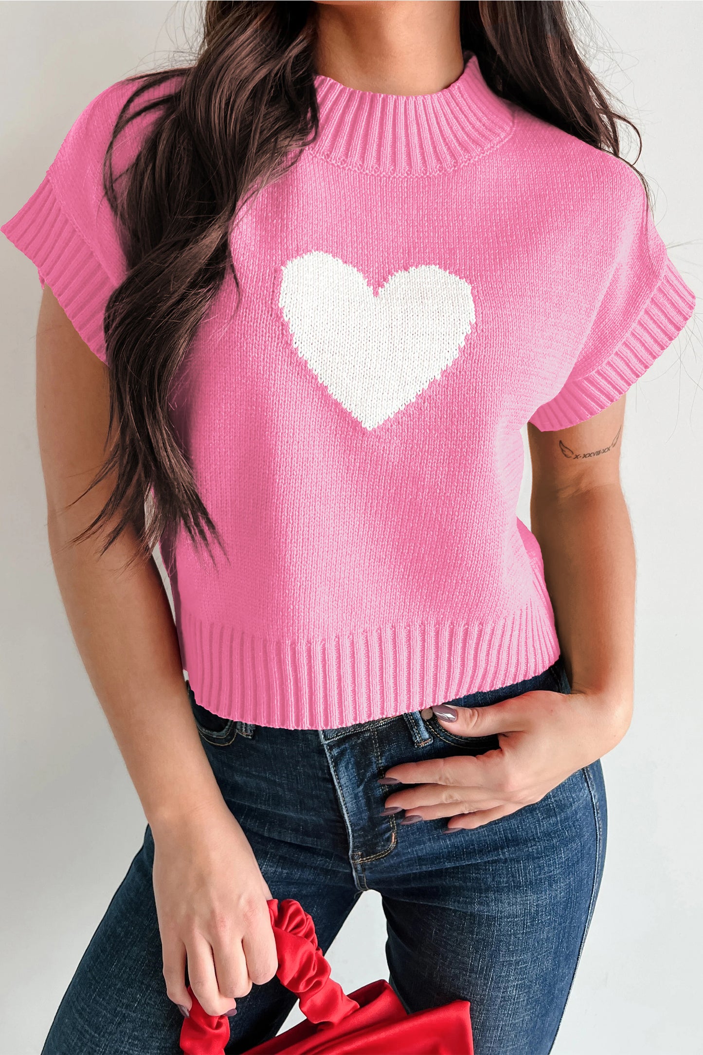Heart Graphic Cropped Short Sleeve Sweater