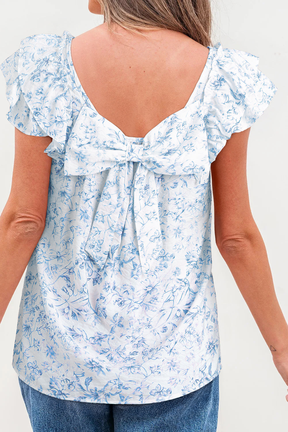 Floral Ruffle Sleeve Bow Back Blouse Women S–XL