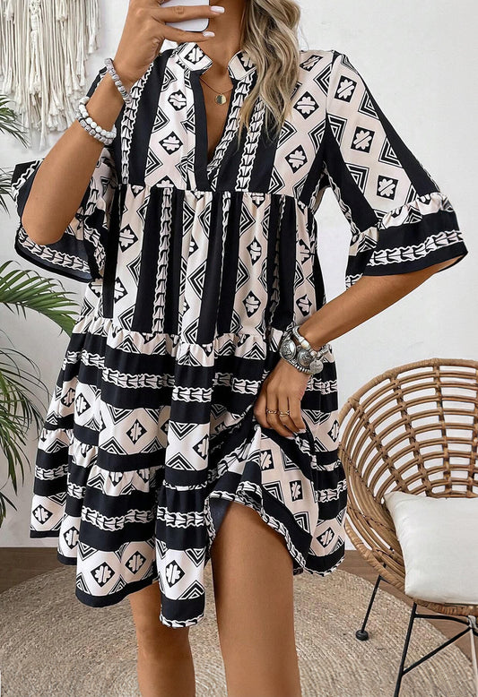 Geometric Print V-Neck Ruffle Sleeve High Waist Dress | Black | S–XL