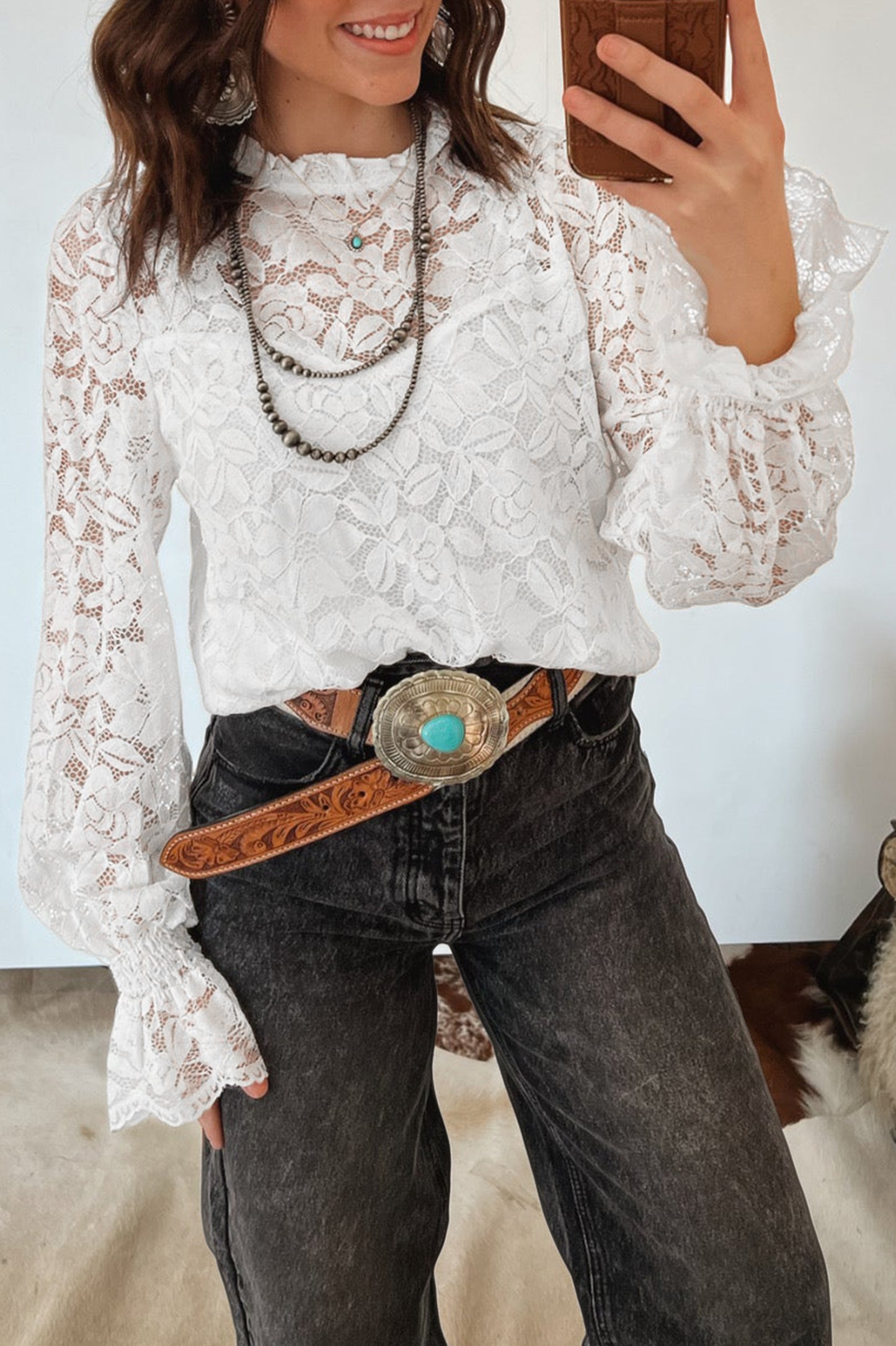 White Sheer Lace Ruffle Sleeve Blouse Women S–XL