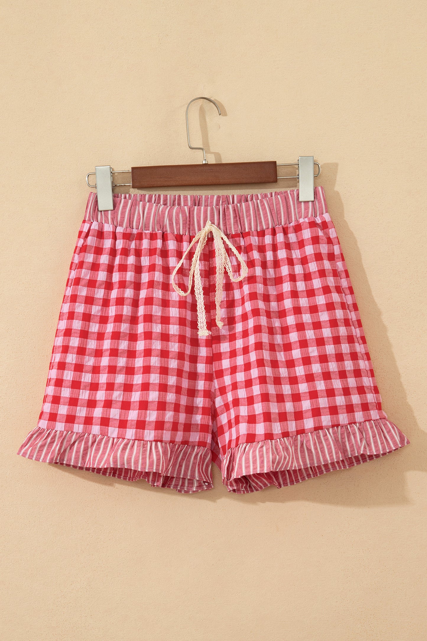Plaid Print Ruffle Shorts with Striped Detail & Lace Tie | Women S–XL