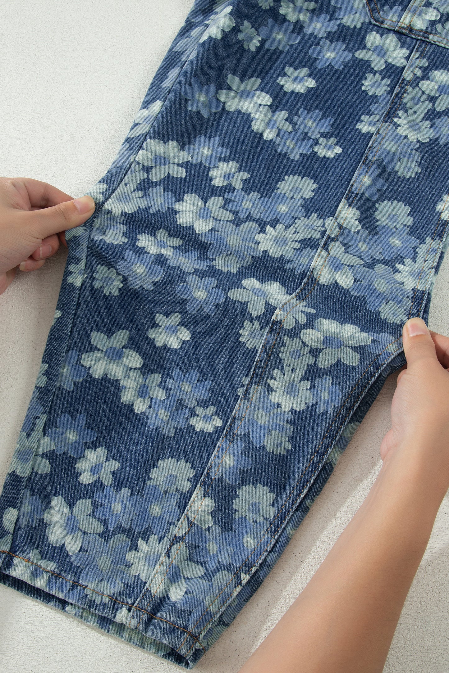 Denim Blue Floral Print Cropped Barrel Jeans | Women Size 4–16