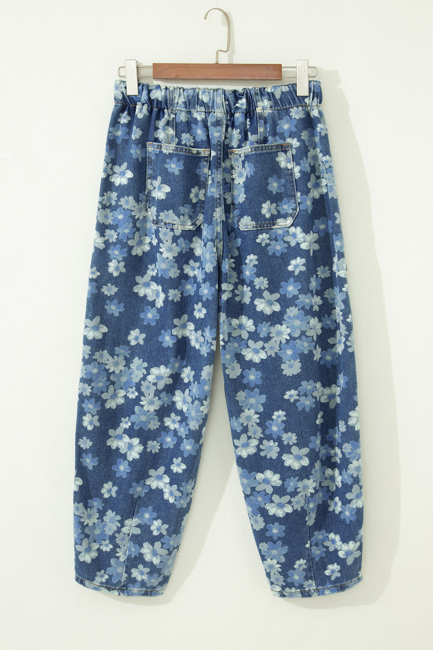 Denim Blue Floral Print Cropped Barrel Jeans | Women Size 4–16