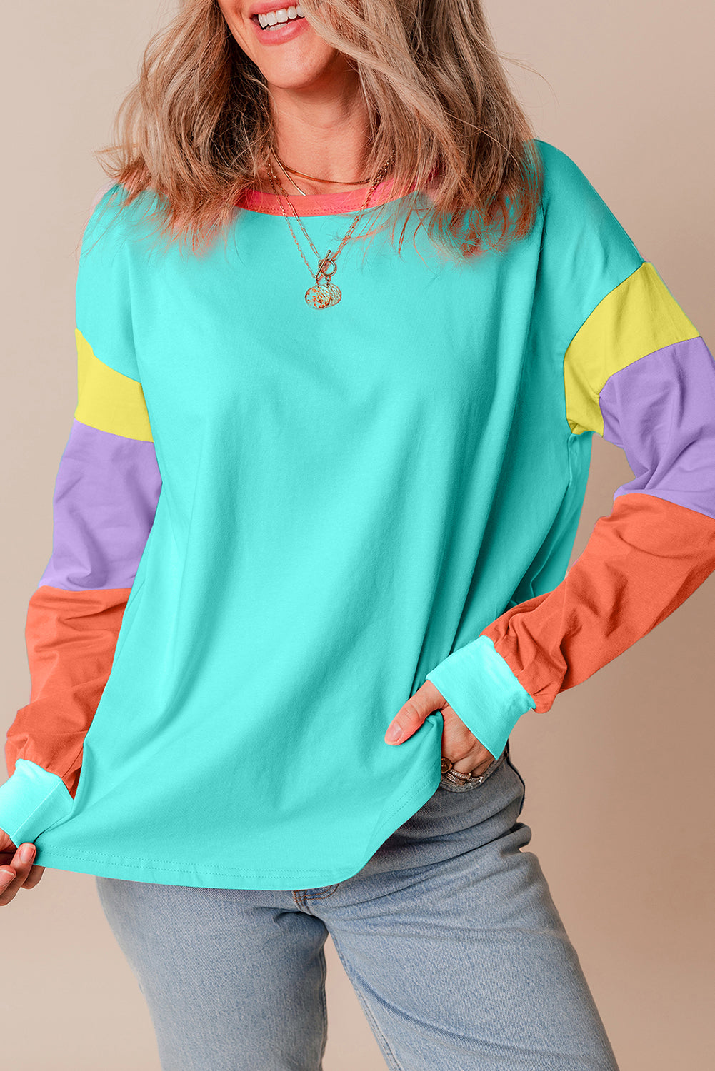 Colorblock Patchwork Long Sleeve Loose Top | Light Blue