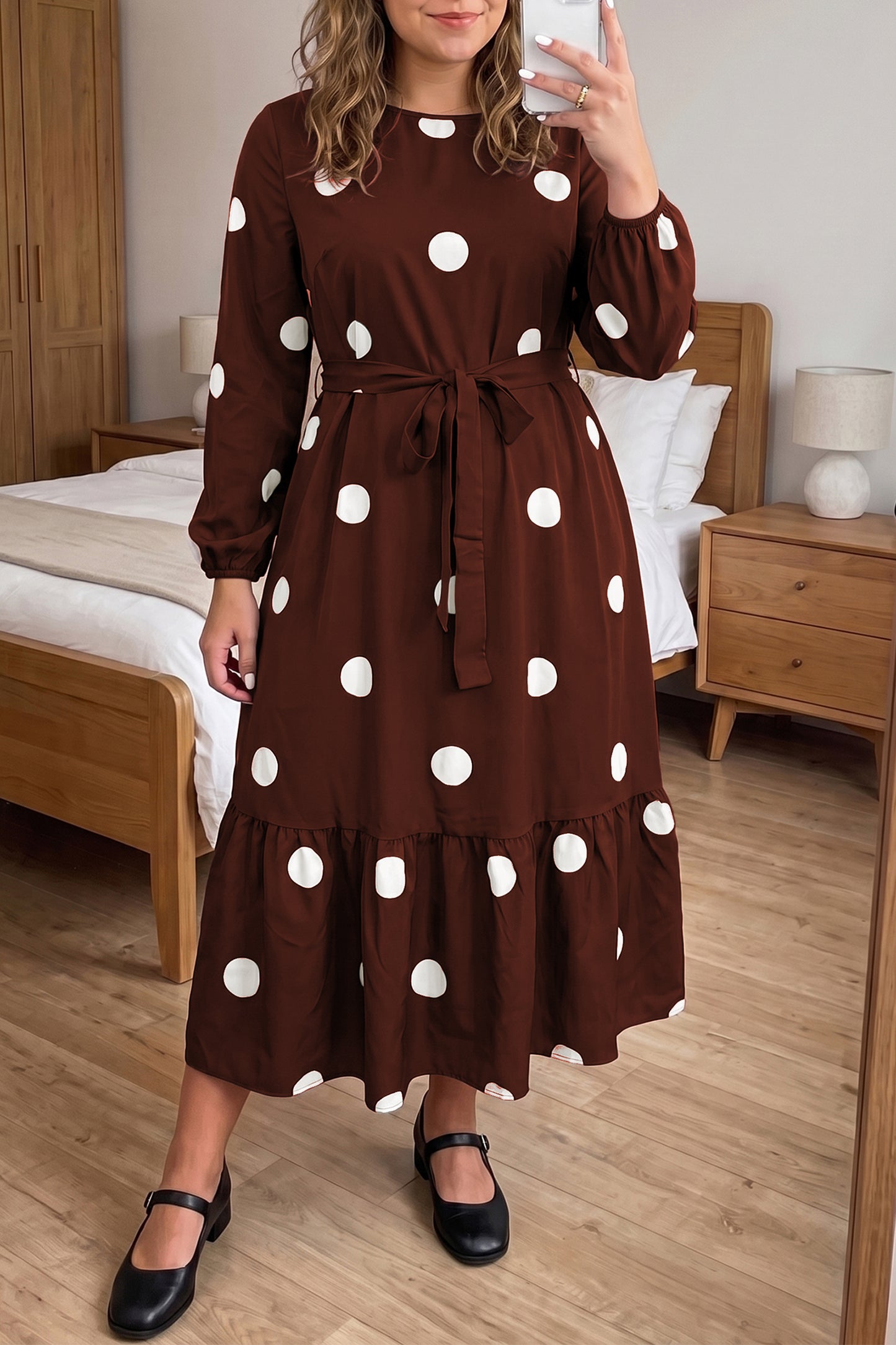 Plus Size Polka Dot Tie Waist Midi Dress Women 1X to 4X