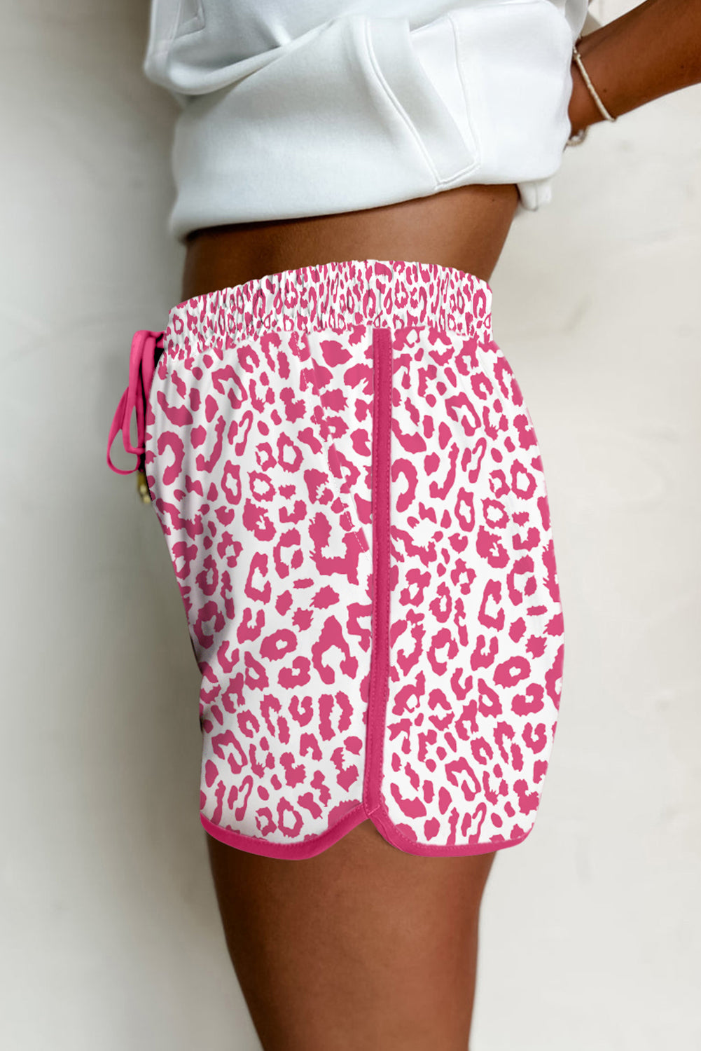 Pink Leopard Print Lace-Up Elastic Waist Contrast Trim Casual Shorts