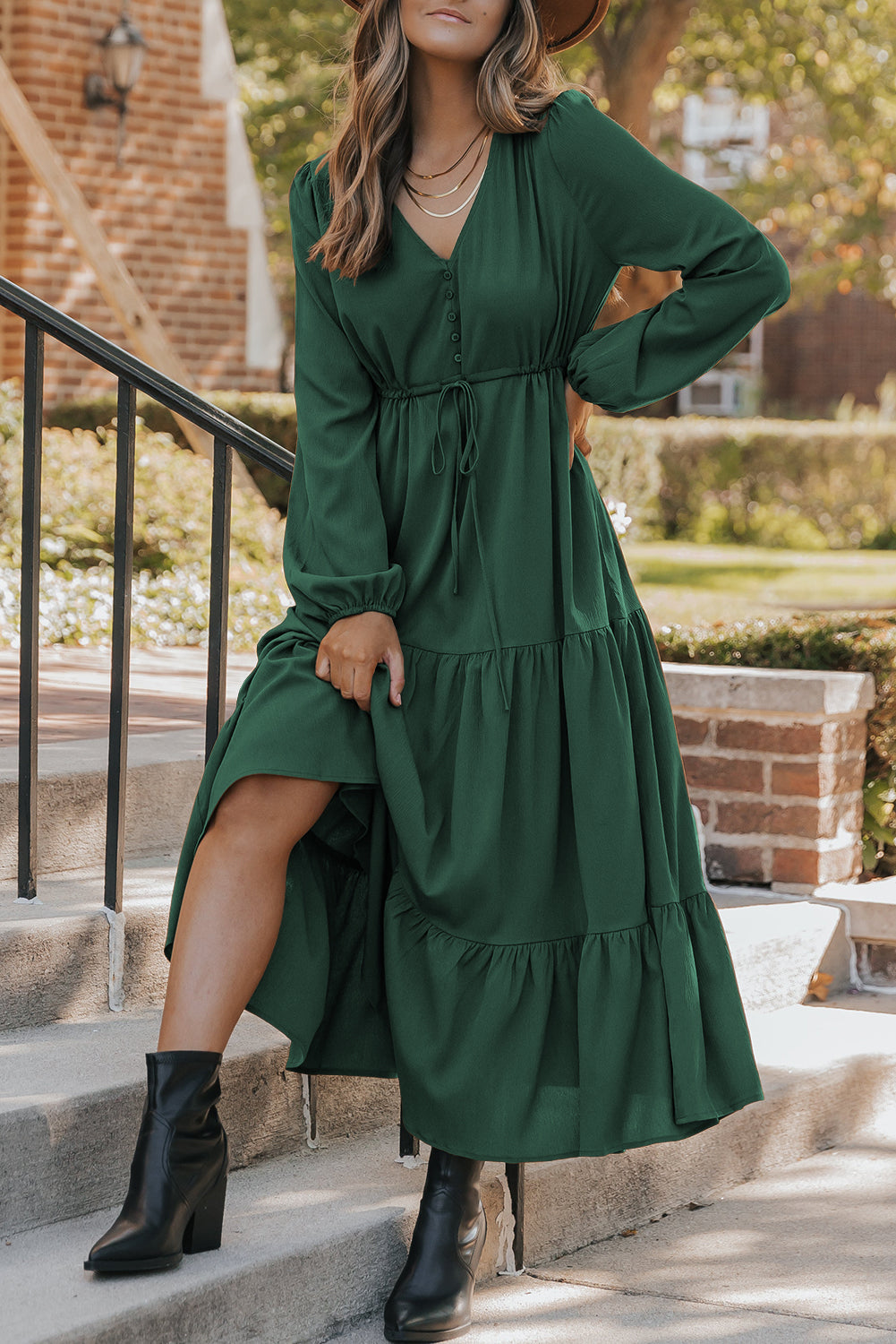 Solid Long Sleeve Button V-Neck Tiered Drawstring Waist Maxi Dress