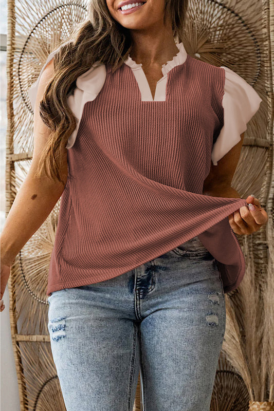 Frilled Neckline Ruffled Sleeve Ribbed Blouse | Plus Size | Rose Pink | L–4X