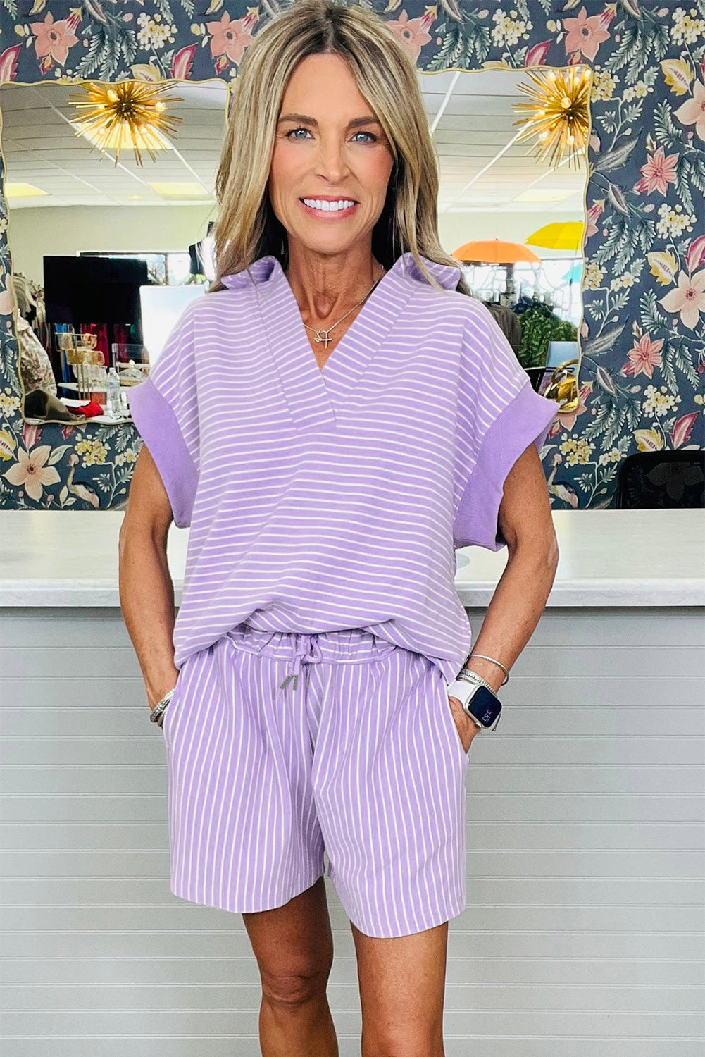 Striped Polo Shirt & Shorts Set Women S–2XL
