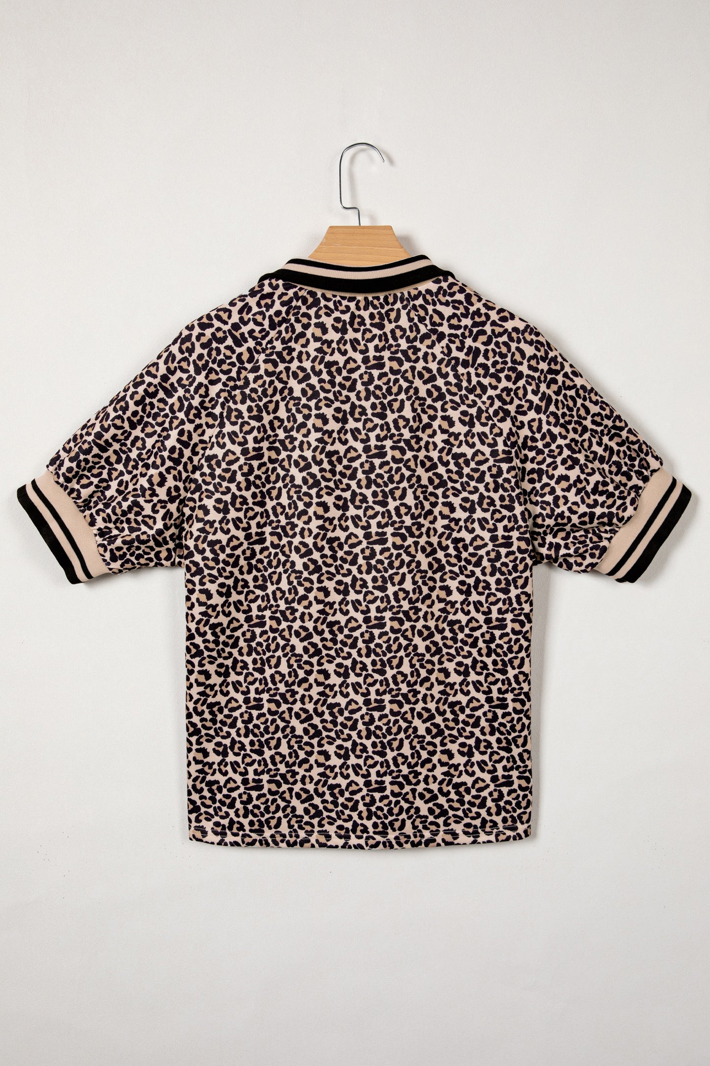 Leopard Print Half-Zip Striped Trim Patchwork Top in Brown