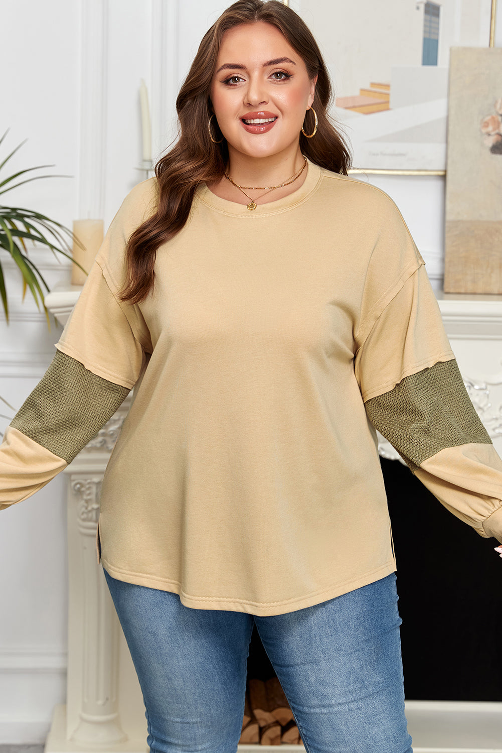 Exposed Seam Drop Shoulder Pullover – Plus Size Beige Olive Stripe 1X–4X