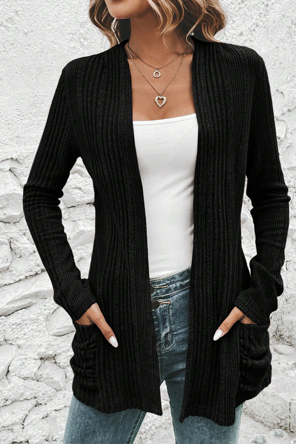 Ribbed Open Front Knitted Cardigan with Pockets