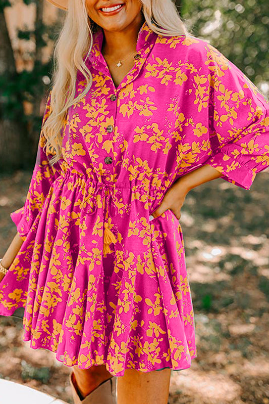 Floral Print Drawstring Waist Tunic Flowy Short Dress