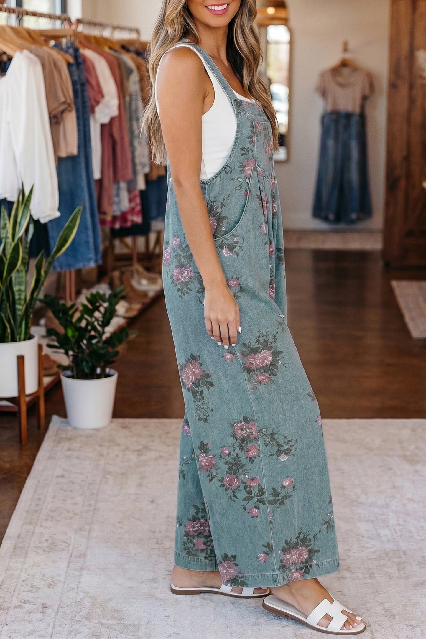 Floral Denim Wide Leg Jumpsuit Women S–XL
