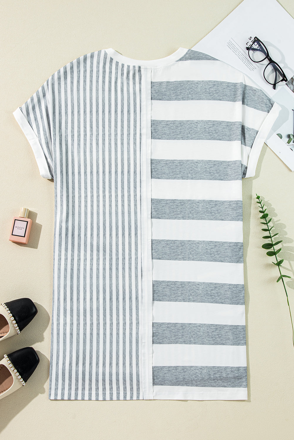 Grey Stripe Mixed Print Short Sleeve Shift Mini Dress | S–XL