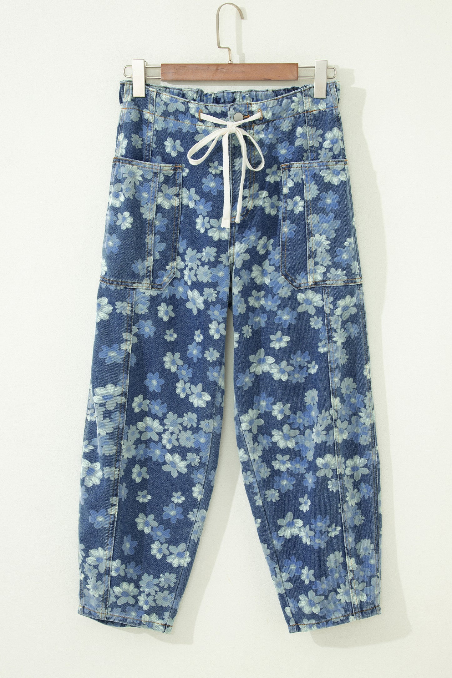 Denim Blue Floral Print Cropped Barrel Jeans | Women Size 4–16
