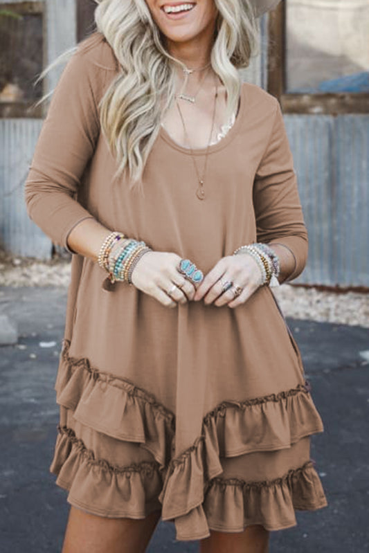 Scoop Neck Tiered Ruffled Hem Long Sleeve Mini Dress – Khaki Women S–XL